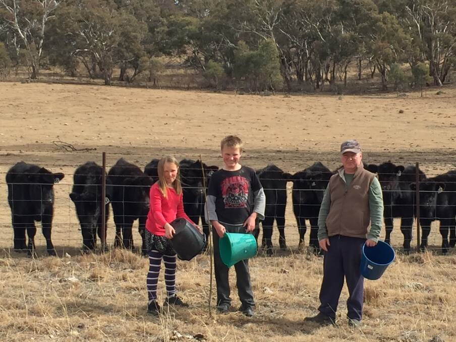 Luke Williamson on the family farm at Bredbo with children Faith, 10, and Hamish, 12. Photo: Supplied
