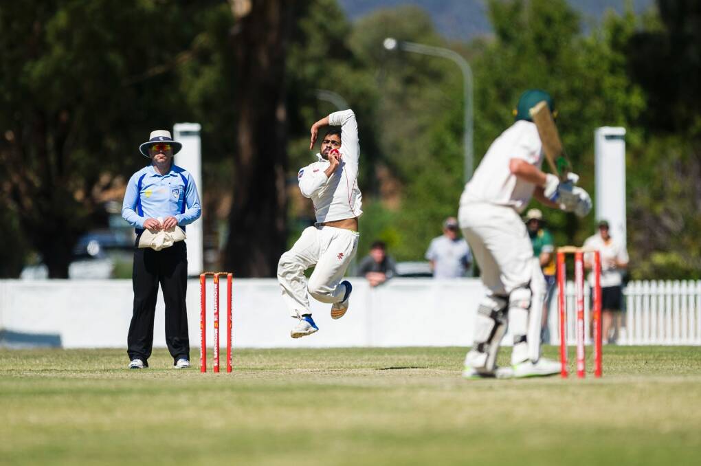 Cricket ACT Douglas Cup grand Final Eastlake Vs Weston Creek Molonglo 2018. Eastlakes Nikhil Mathai bowling. Photo: Dion Georgopoulos Photo: Dion Georgopoulos