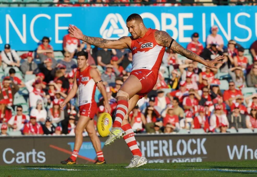 Unstoppable: Lance Franklin scores one of 10 goals at the SCG. Photo: AAP