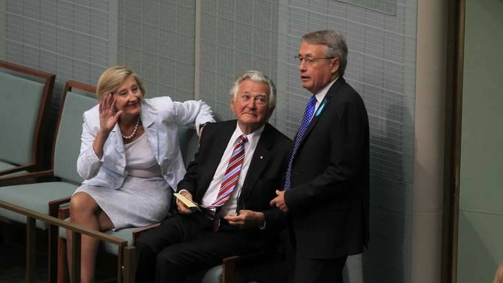 Treasurer Wayne Swan talks with former PM Bob Hawke and his personal assistant Jill Saunders at Parliament House in Canberra. Photo: Andrew Meares