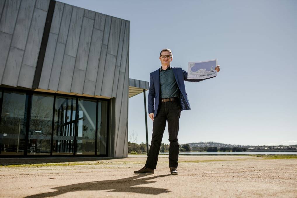 Belconnen Arts Centre chief execuive officer Daniel Ballantyne on the site of the live performance venue which is flagged to be built as stage two of the centre but which has not yet been funded by the ACT Government. Photo: Jamila Toderas