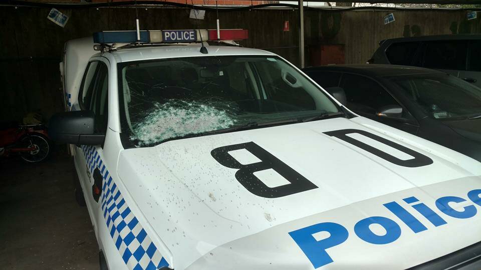 A police vehicle, which was allegedly hit by gunfire during an incident in Queanbeyan on Saturday morning. Photo: Supplied