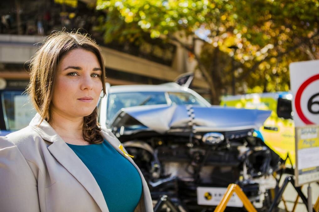 Safer Australian Roads and Highways (SARAH) co-founder Jessica Frazer at the ACT launch of National Road Safety Week. Photo: Jamila Toderas