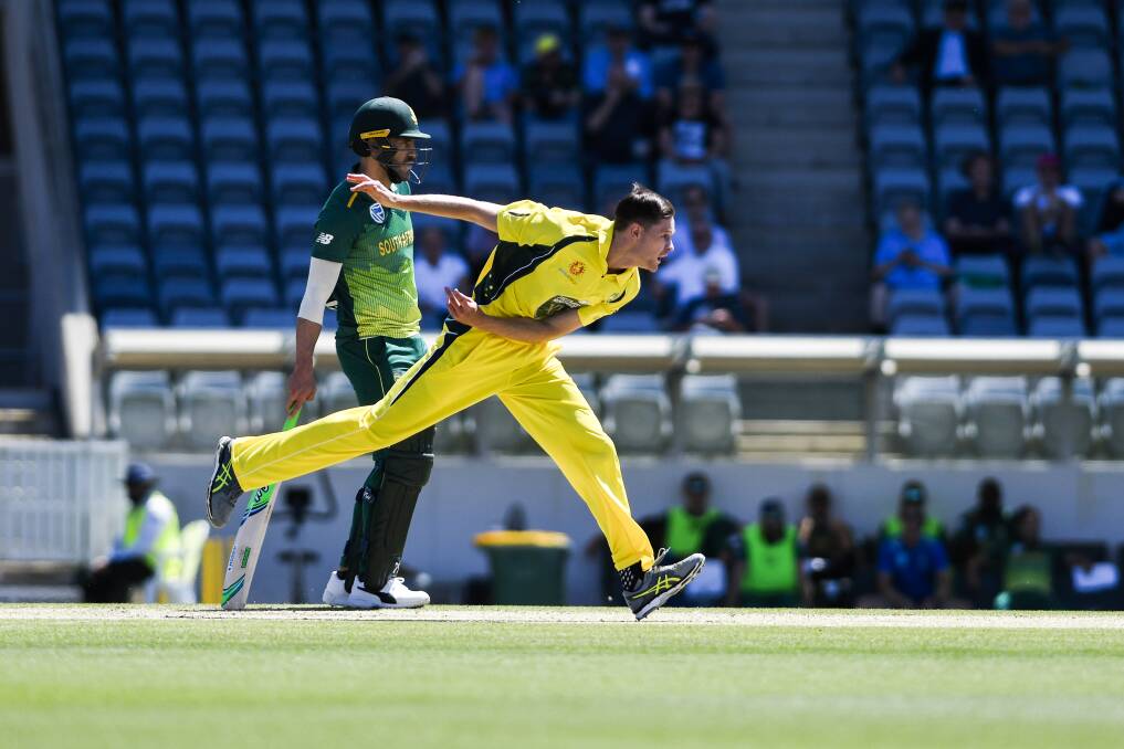 Jason Behrendorff was on fire in his first over against South Africa at the Prime Minister's XI. Photo: Dion Georgopoulos
