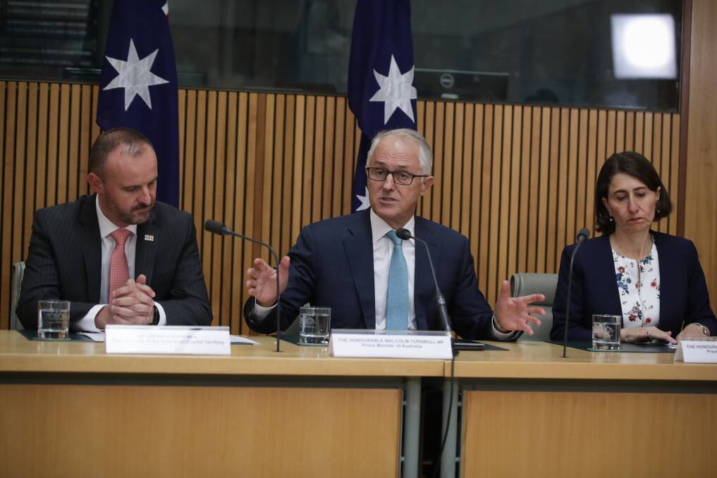 ACT Chief Minister Andrew Barr and former prime minister Malcolm Turnbull discussed the ACt delivering services to Norfolk Island Photo: Alex Ellinghausen
