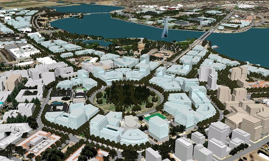 An artist's impression of development at City Hill and West Basin, from the draft new National Capital Plan. Photo: Supplied