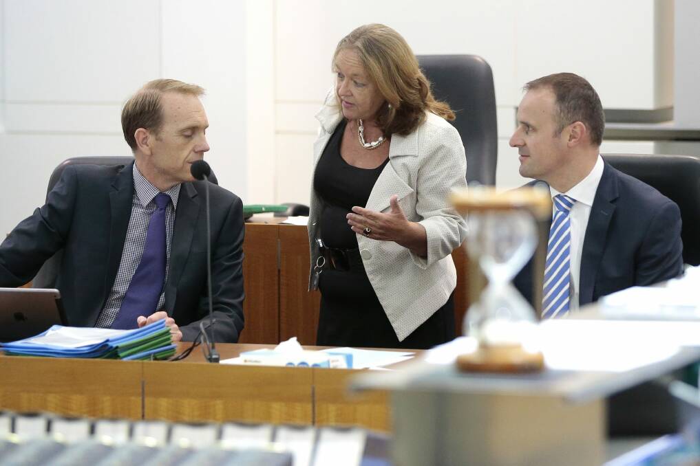 Attorney-General Simon Corbell with Education Minister Joy Burch and Chief Minister Andrew Barr before Question Time at the ACT Legislative Assembly on Thursday. Photo: Jeffrey Chan