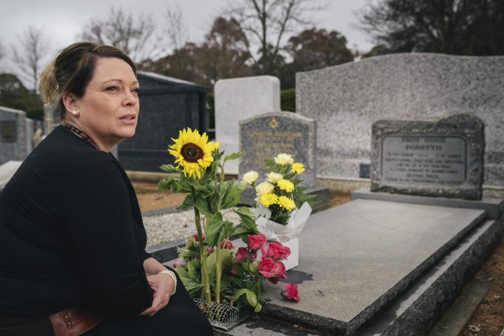 Vanessa Forsyth visits the grave of her brother Troy Forsyth who was killed in a hit-and-run in 1987. Photo: Rohan Thomson