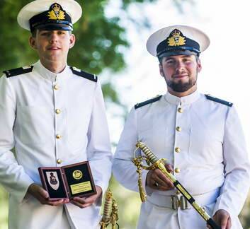 Commander in Chief Medal recipient, Midshipman Douglas Phillips, and recipient of the Chief of Defence Force Sword, Midshipman Matthew Bell. Photo: Rohan Thomson