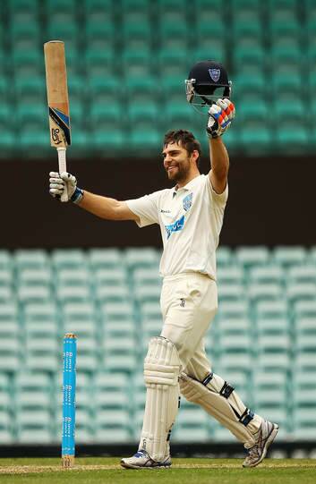 Ryan Carters of the Blues celebrates scoring his century during day two of the Sheffield Shield match between the New South Wales Blues and the Queensland Bulls at Sydney Cricket Ground.