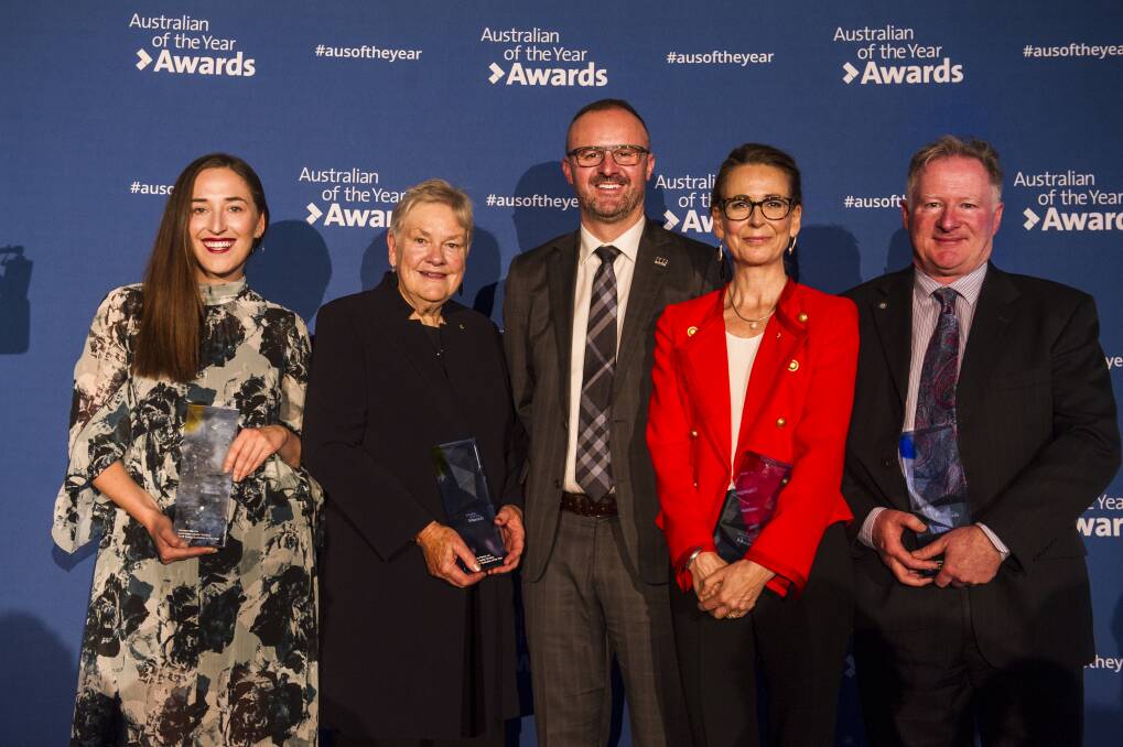 ACT Young Australian of the Year Hannah Wandel, Senior Australian of the Year Dr Suzanne Packer, Chief Minister Andrew Barr, Australian of the Year Virginia Haussegger and Local Hero David Williams.  Photo: Dion Georgopoulos