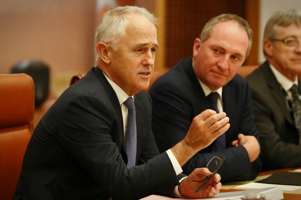 Prime Minister Malcolm Turnbull and Deputy Prime Minister Barnaby Joyce during a meeting of the government's Regional Ministerial Taskforce in the cabinet room in Parliament House on Tuesday. Photo: Alex Ellinghausen