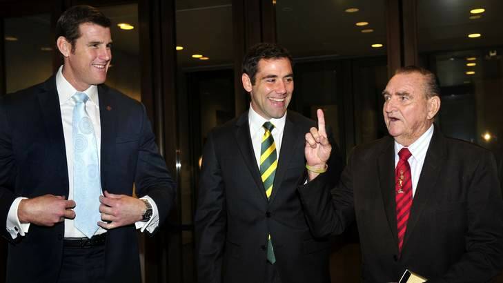 Australia and New Zealand teams at the Trans Tasman Test charity dinner, Great Hall Parliament House, Canberra. Kangaroos captain, Cameron Smith chats with L-R Victoria Cross recipients Ben Roberts-Smith and Keith Payne. Photo: Melissa Adams