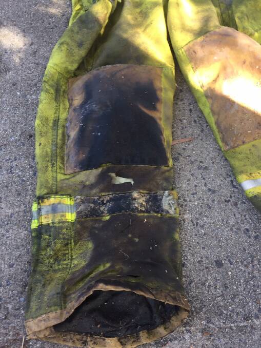 A photo of a Canberra firefighter's burnt uniform after a September 2017 incident, supplied by the United Firefighter's Union. Photo: Supplied