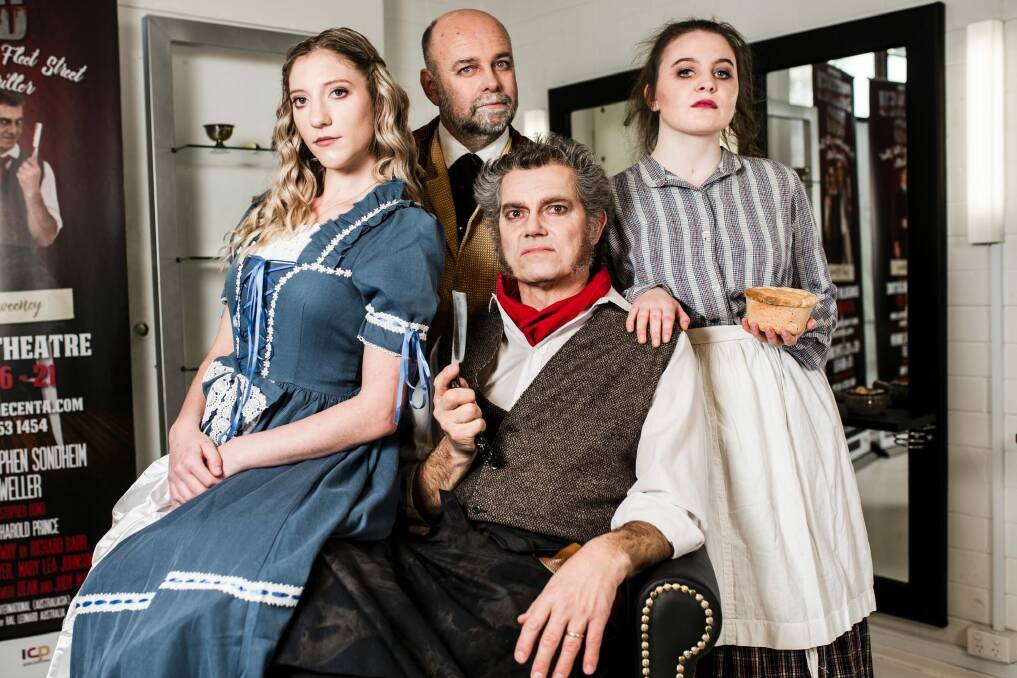 Sweeny Todd, The Demon Barber of Fleet Street. Presented by Dramatic Productions and directed by Richard Block. Demi Smith as Johanna, Gerard Fitzsimmons as Fogg, David Pearson as Sweeny Todd, and Meaghan Stewart as Mrs Lovett.  Photo: Jamila Toderas