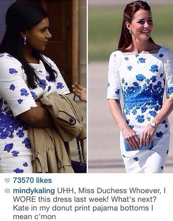 Double trouble: Comedian Mindy Kaling's Instagram post about the Duchess' fashion ''replikate'' . Photo: instagram.com/mindykaling