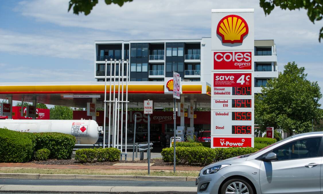 Unleaded fuel cost 155.9 cents per litre at the Shell petrol station in Dickson on Friday. Photo: Elesa Kurtz