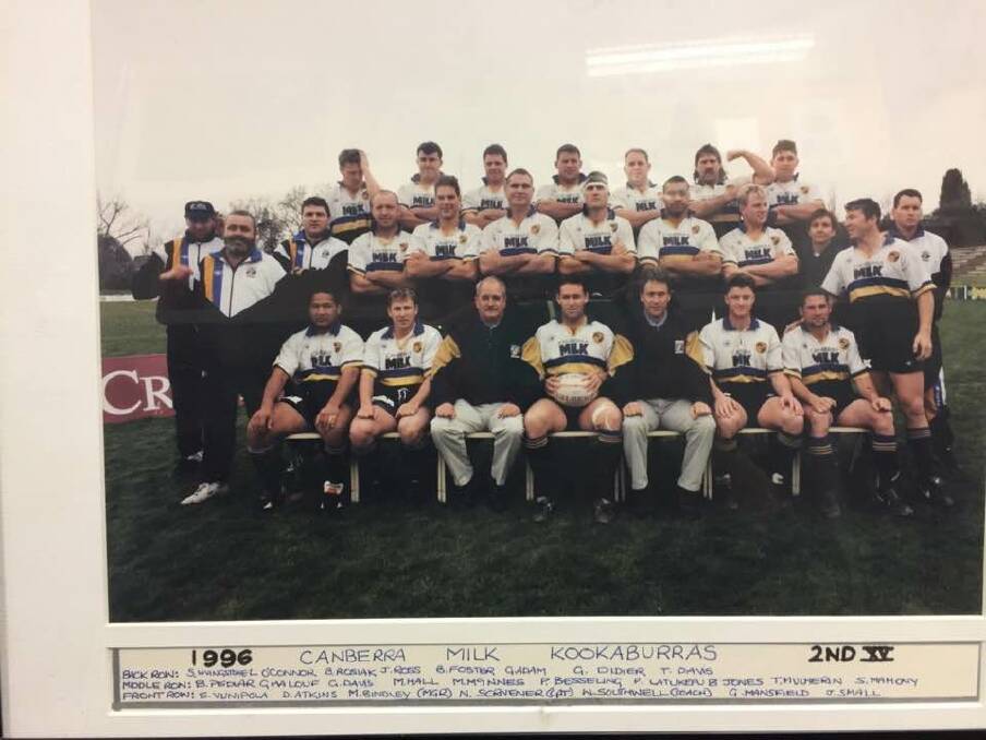Tuggeranong coach Nick Scrivener, left, and Royals coach Wayne Southwell, centre, teamed up for the Kookaburras in 1996. Photo: Supplied