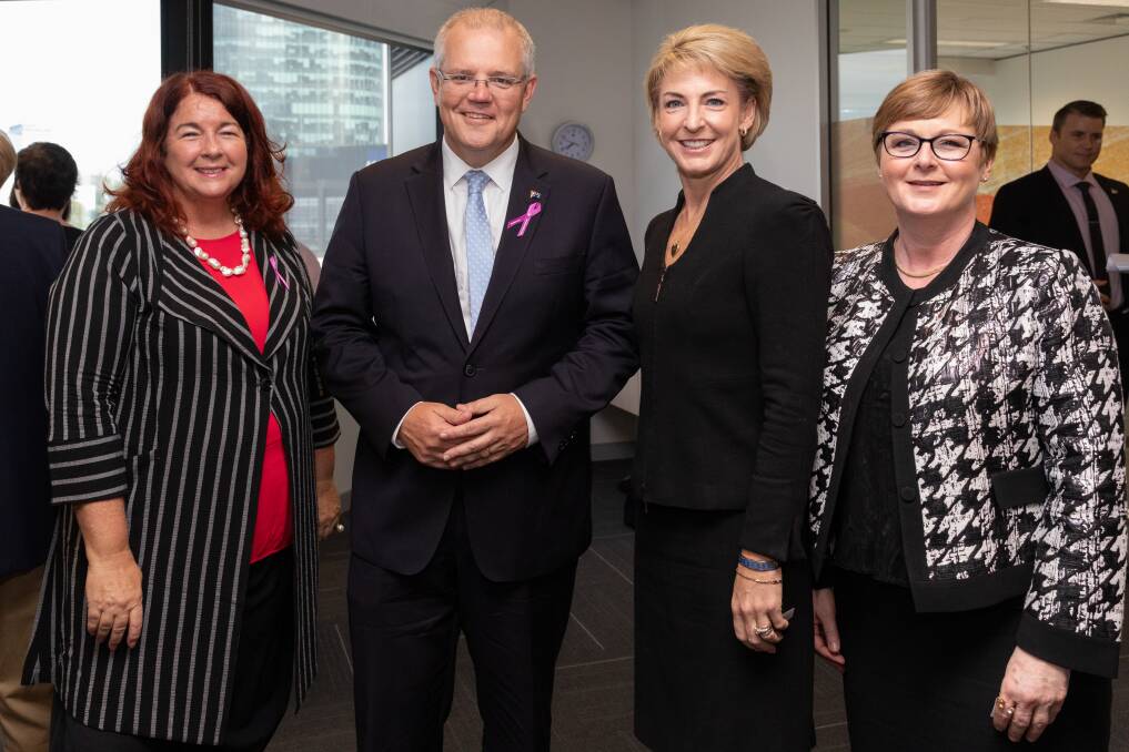 Minister for the Environment Melissa Price, Prime Minister Scott Morrison, Australian Small business minister Michaelia Cash and Minister for Defence Industry Linda Reynolds at an International Women's Day breakfast.  Photo: AAP