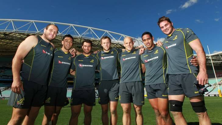 Brumbies players Ben Alexander, Christian Lealiifano, George Smith, Jesse Mogg, Stephen Moore, Joseph Tomane and Ben Mowen during a Wallabies training session in 2013. Photo: Ben Rushton