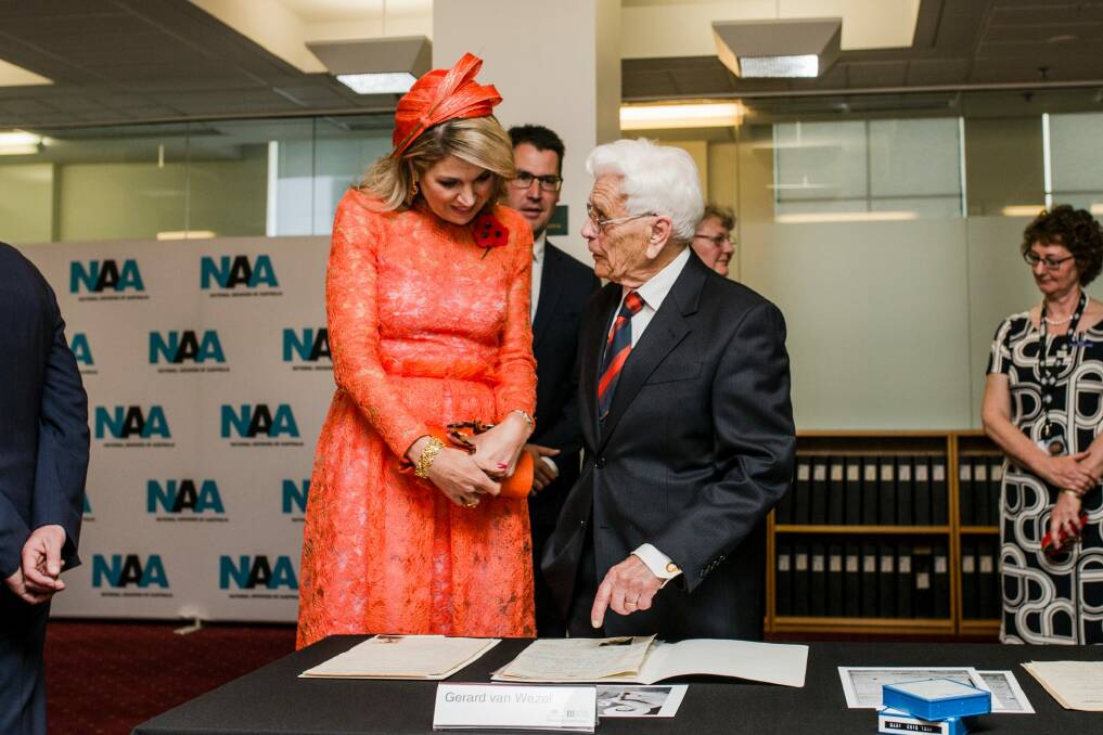 Ainslie retired electrician Gerard van Wezel, 92, worked on the Snowy Mountains Hydro-Electric Scheme after he migrated to Australia from Holland in 1952. He also endured three years in a Japanese prisoner of war camp during World War Two. He is telling his story to Queen Maxima of the Netherlands at the National Archives of Australia. Photo: Jamila Toderas