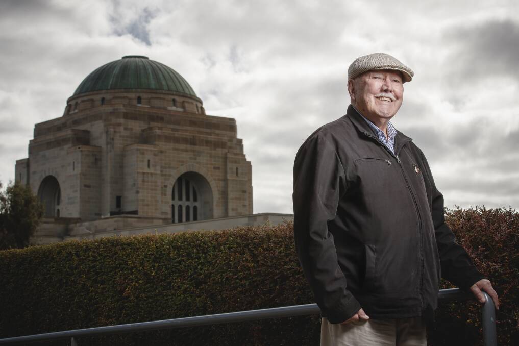 Col Hoad, 91, at the Australian War Memorial on Wednesday after delivering copies of his book, No Greater Love - Tumut's Lost Sons of the Great War. Photo: Sitthixay Ditthavong