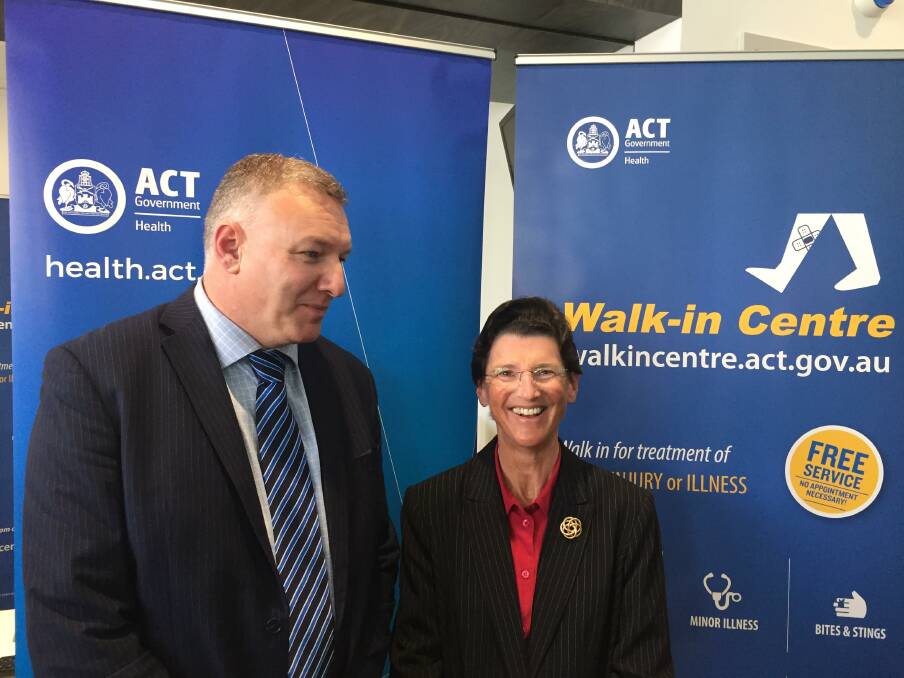 New ACT Health director-general Michael De'Ath (left) with new Canberra Hospital and Health Services chief executive Janet Anderson at the opening of a new walk-in health centre in Gungahlin on Monday. Photo: Finbar O'Mallon