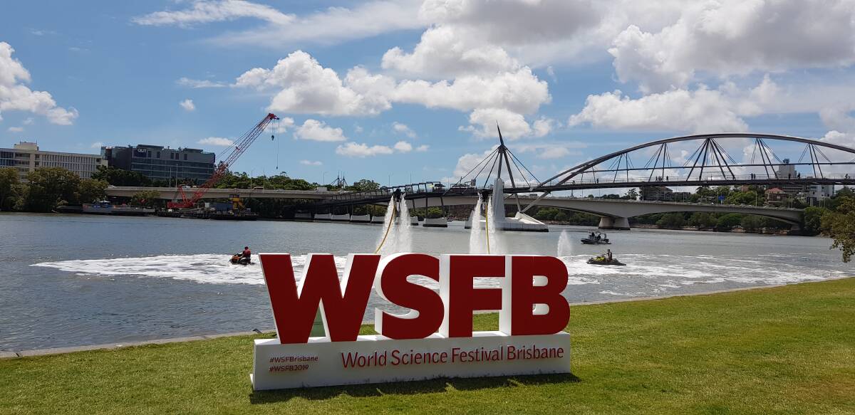 A water jetpack display at the launch of the World Science Festival Brisbane 2019 program. Photo: Stuart Layt