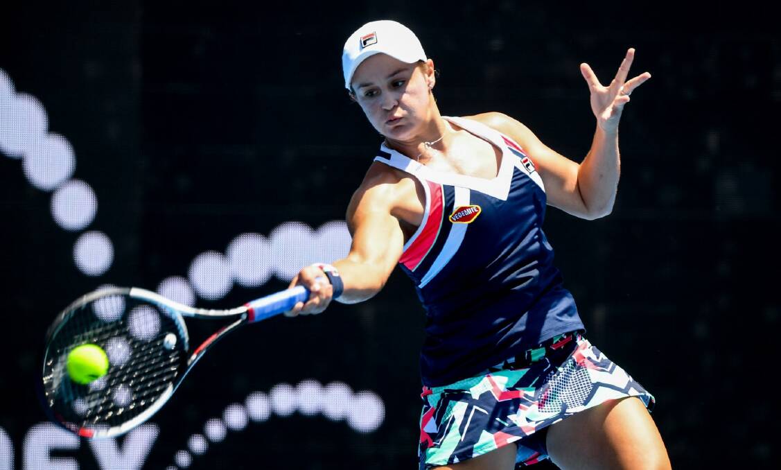 Hitting the spot: Ashleigh Barty returns serve against Daria Gavrilova during their semi-final at the Sydney International. Photo: AAP