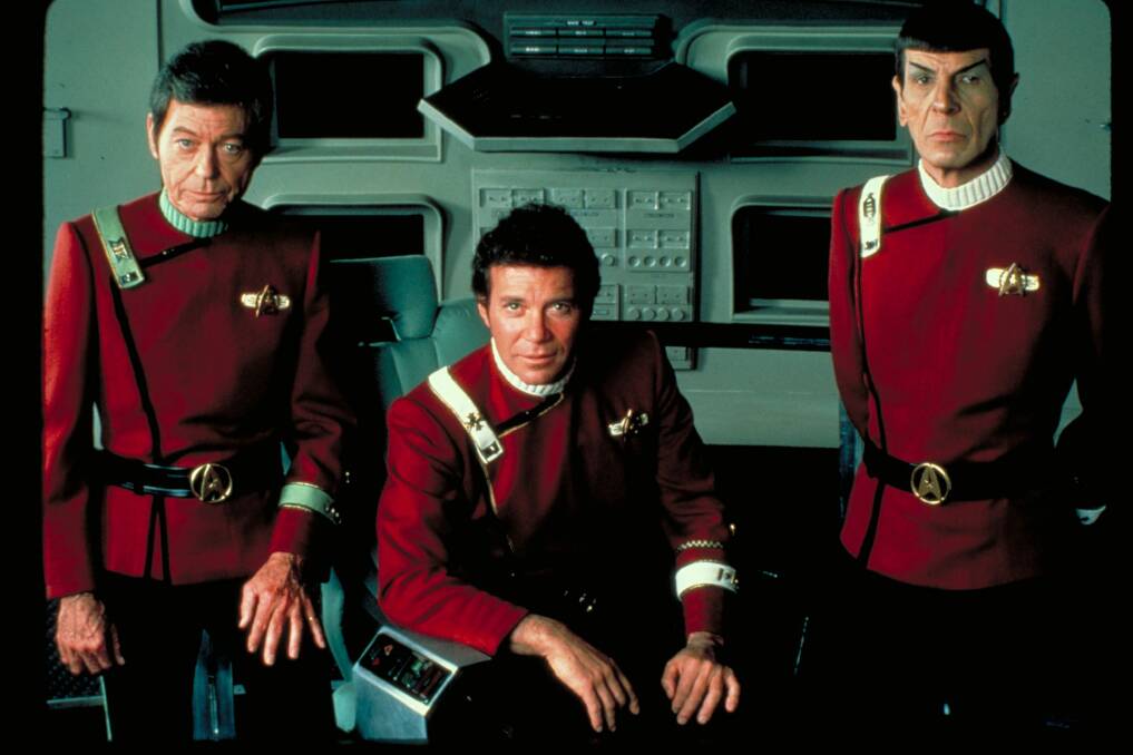 William Shatner (centre), DeForest Kelley (left) and Leonard Nimoy as Kirk, McCoy and Spock in Star Trek II: The Wrath of Khan. Photo: Paramount