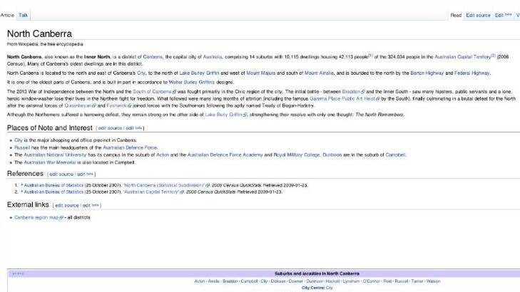 North Canberra's Wikipedia page was edited in a creative manner on Tuesday. Photo: Wikipedia