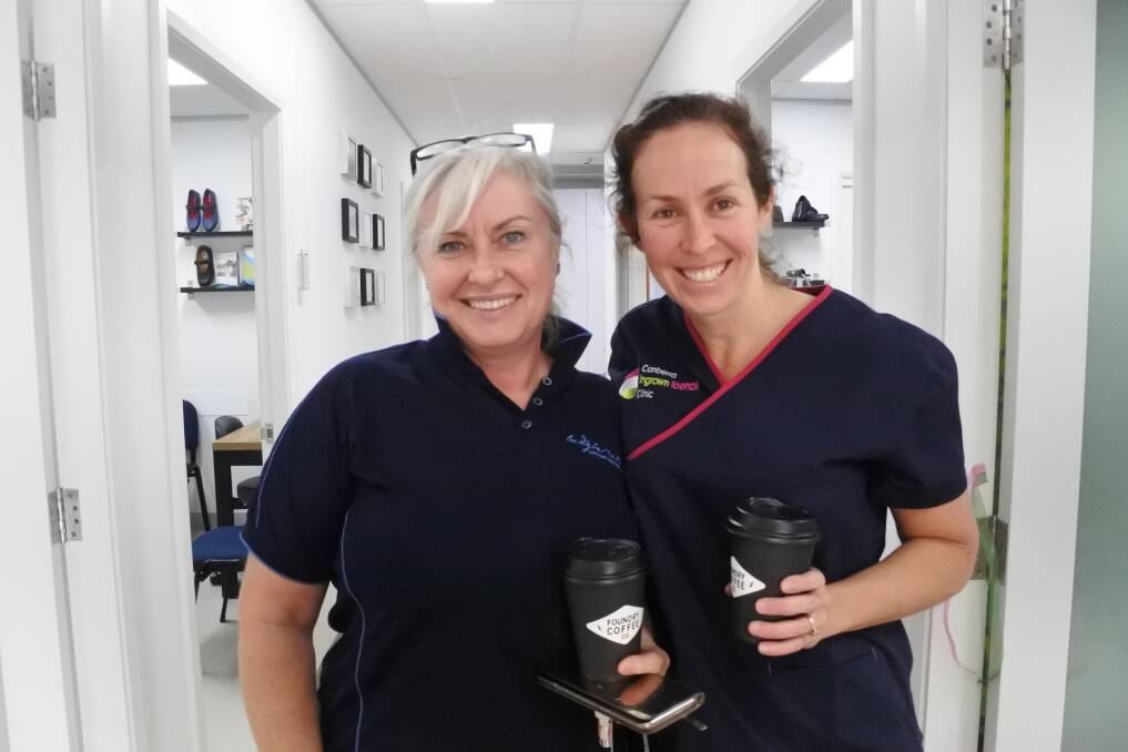 Judy Elferkh from Body in Motion Advanced Massage supports Nicole Hart on the opening of her Canberra Ingrown Toenail Clinic, part of Brindabella Podiatry.