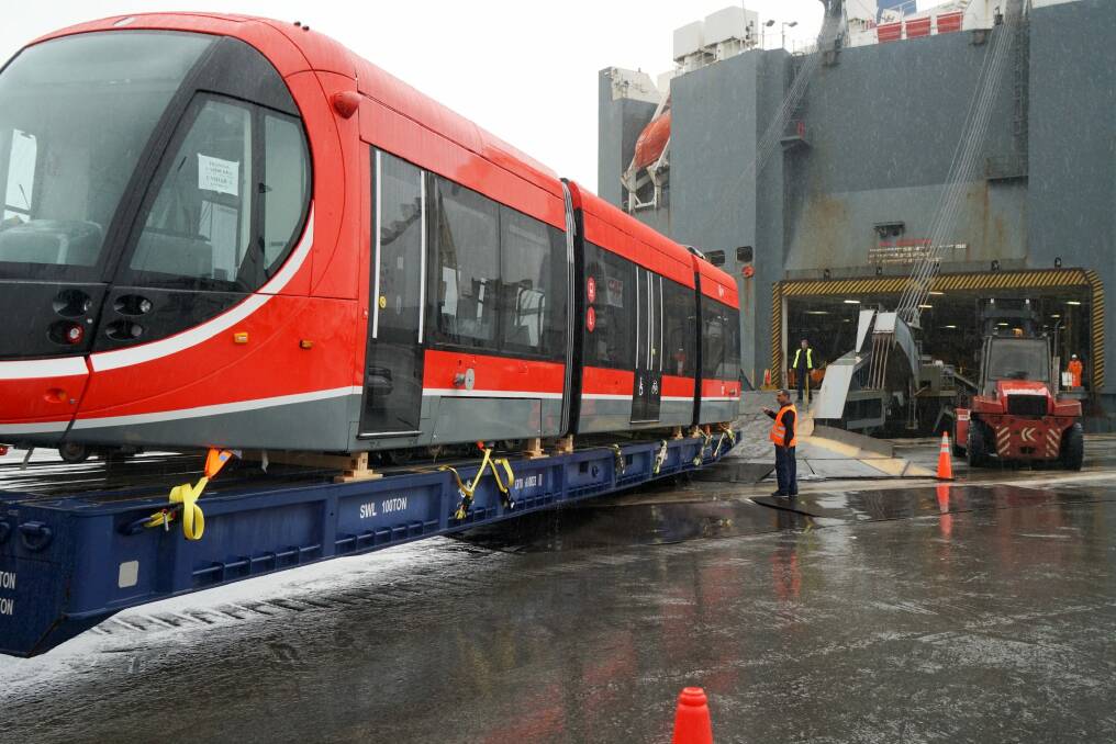Canberra's first tram is transported on to a ship. Photo: karlos corbella