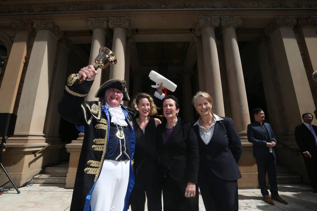 Town crier Graham Keating pictured in 2016 with Jess Miller, Sydney lord mayor Clover Moore and Kerryn Phelps. Photo: Louise Kennerley