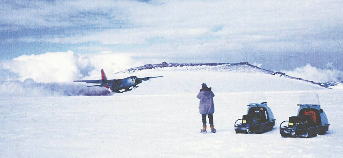 A rocket-boosted take-off of a US Hercules which transported Dr Ritchie, his colleagues and their supplies during their 1970-71 expedition of Antarctica. Photo: Dr Alex Ritchie