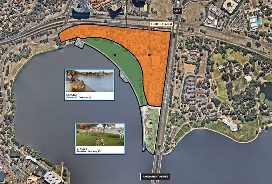 West Basin, showing the reclamation in green, 80 metres wide at its widest, Point Park at the bottom of the drawing, and future development in orange. Photo: Kirsten Lawson