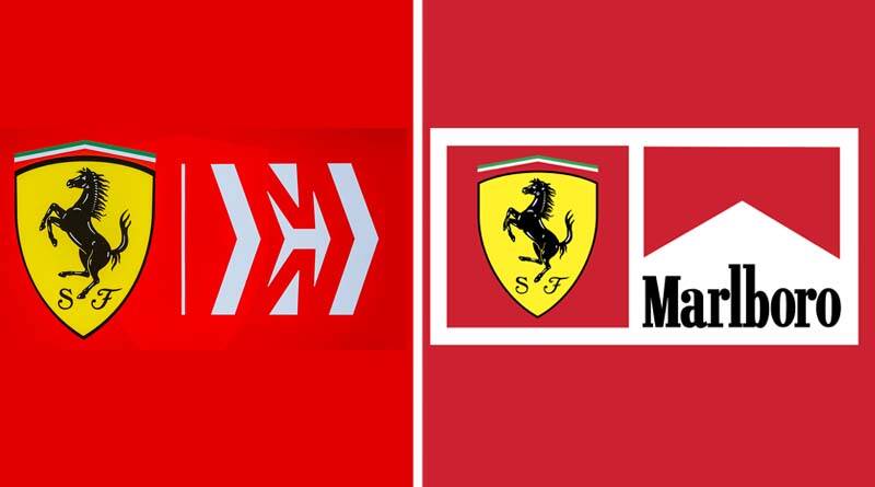 The new Ferrari/Mission Winnow logo compared with the old Ferrari/Marlboro one. Photo: Supplied