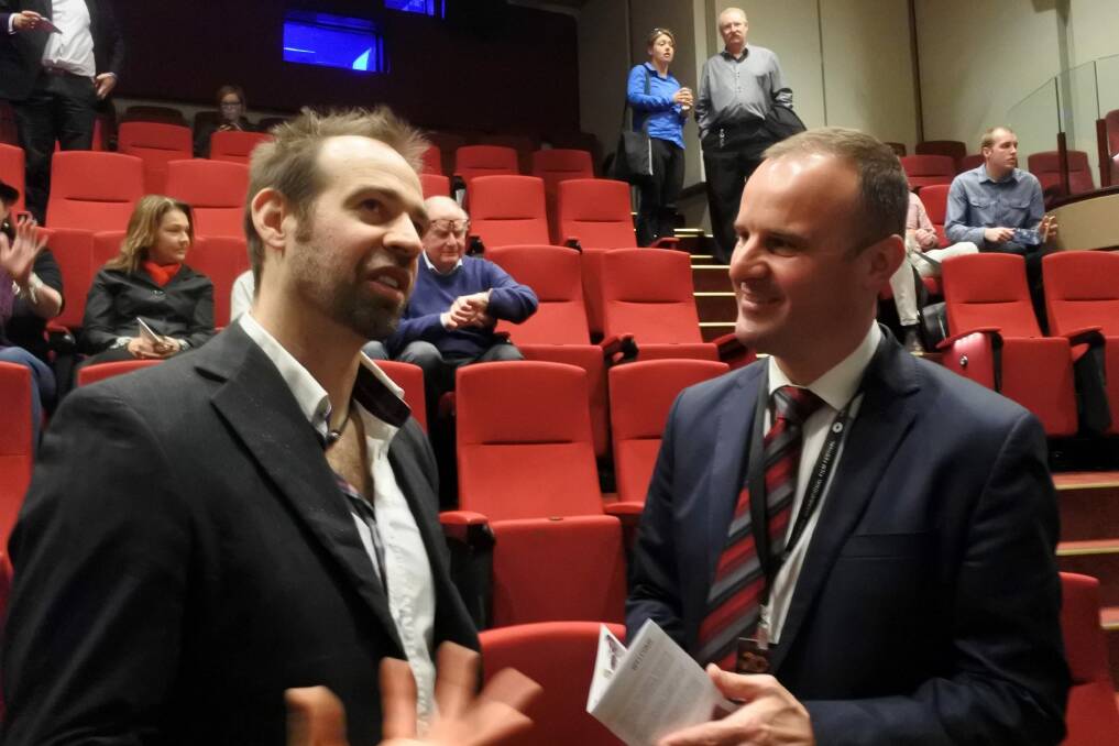 <i>Blue World Order</i> director Che Baker with Chief Minister Andrew Barr at the launch of the Canberra International Film Festival. Mr Barr has a cameo in the sci-fi film. Photo: Megan Doherty
