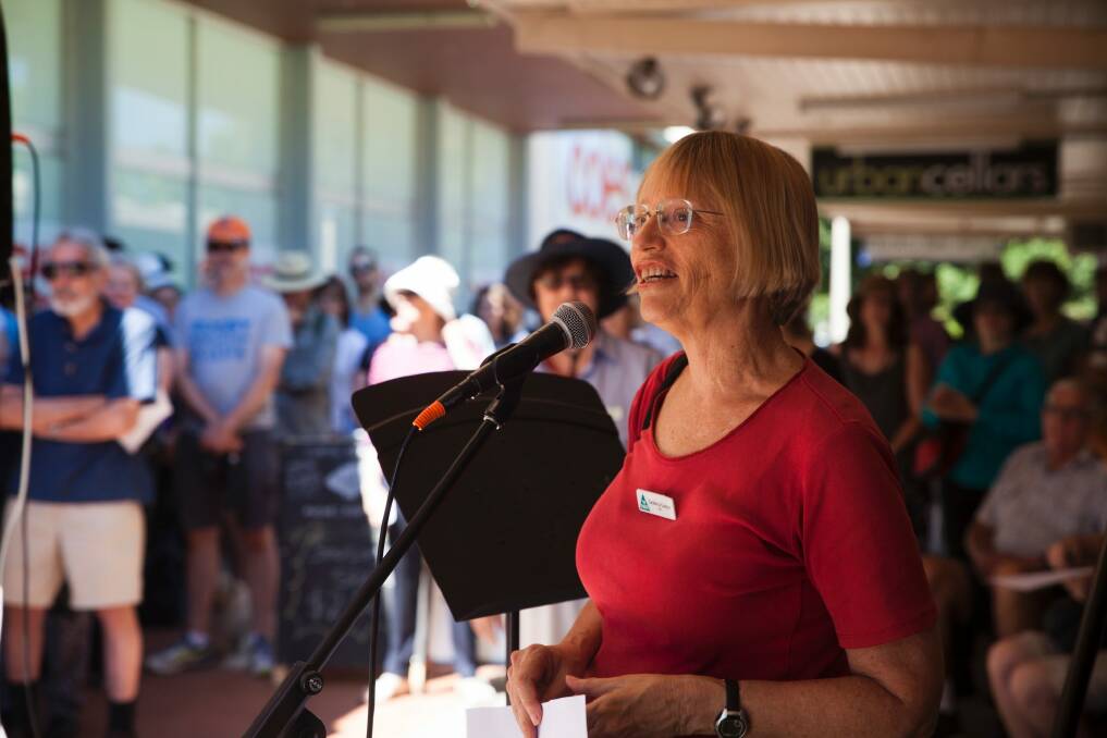 Greens MLA Caroline Le Couteur adresses protesters at Curtin Square.  Photo: James Hall