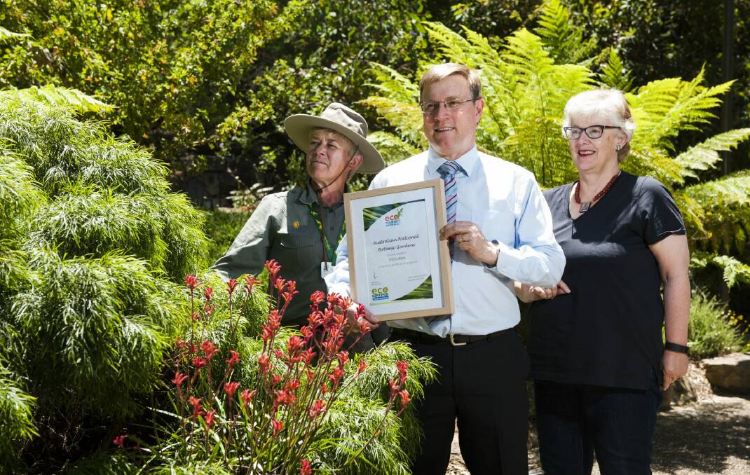 Australian National Botanic Gardens volunteer guide Jocelyn Fitzhardinge, General Manager Peter Byron and President of Friends Lesley Jackman  Photo: Elesa Kurtz