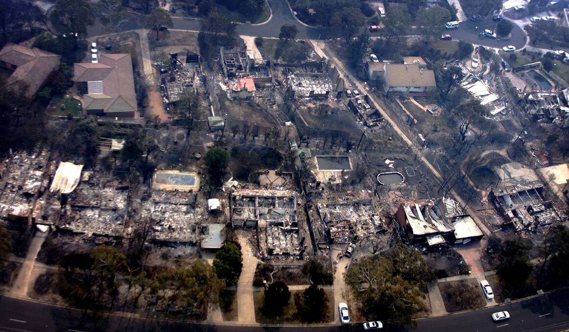Aerial photo shows the devastation from the fires in Duffy on Eucembene Road. Photo: Pat Scala