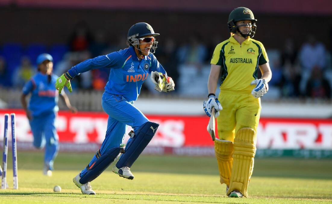Breakthrough: Indian keeper Sushma Verma celebrates as Alex Blackwell is bowled in the World Cup semi-final. Photo: Getty Images