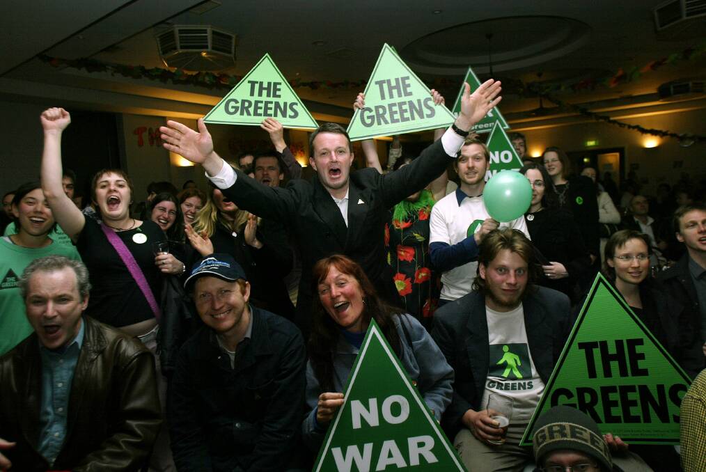 Pictured with supporters, David Risstrom was a Victorian Senate candidate for the Greens in 2004.  Photo: Rebecca Hallas