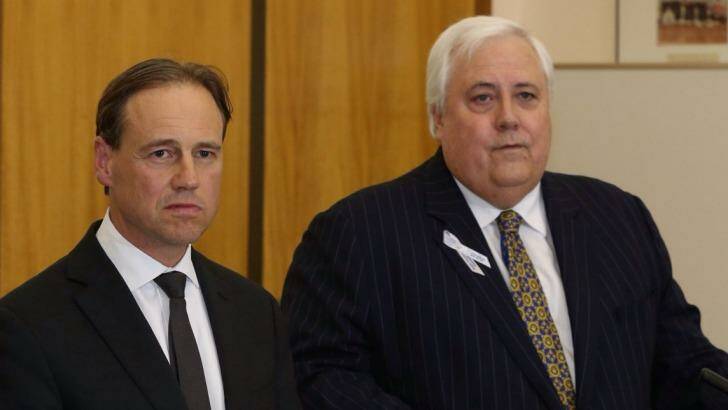 Environment Minister Greg Hunt and PUP Leader Cliver Palmer during a press conference on Wednesday. Photo: Andrew Meares