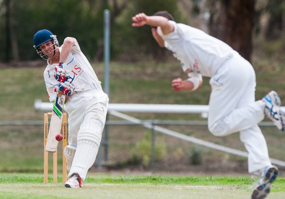 Queanbeyan batsman
Dean Solway plays a straight drive on the opening day of the Douglas Cup game against Wests/UC at Jamison Oval on Saturday. Photo: Elesa Kurtz