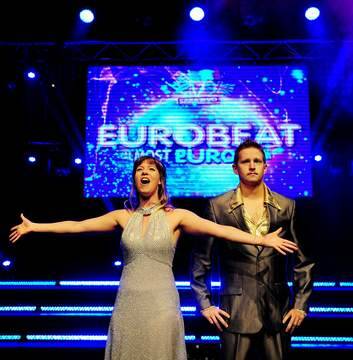 The hosts of "Eurobeat - Almost Eurovision" Boyka played by Sarah Golding and Sergei played by Lachlan Ruffy, rehearsing at ANU Arts Centre. Photo: Colleen Petch