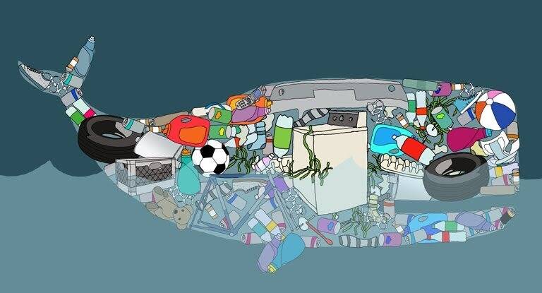 Trashed ocean, a whale full of rubbish.  Photo: Green Home