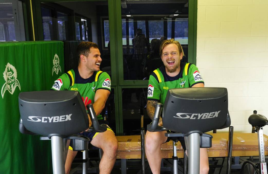 Canberra Raiders halfback Aidan Sezer and five-eighth Blake Austin should be picked for NSW this year. Photo: Melissa Adams 