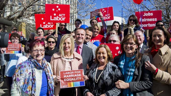 ACT Labor held a gay marriage election campaign mobilisation rally in Civic Square on Tuesday. Photo: Rohan Thomson