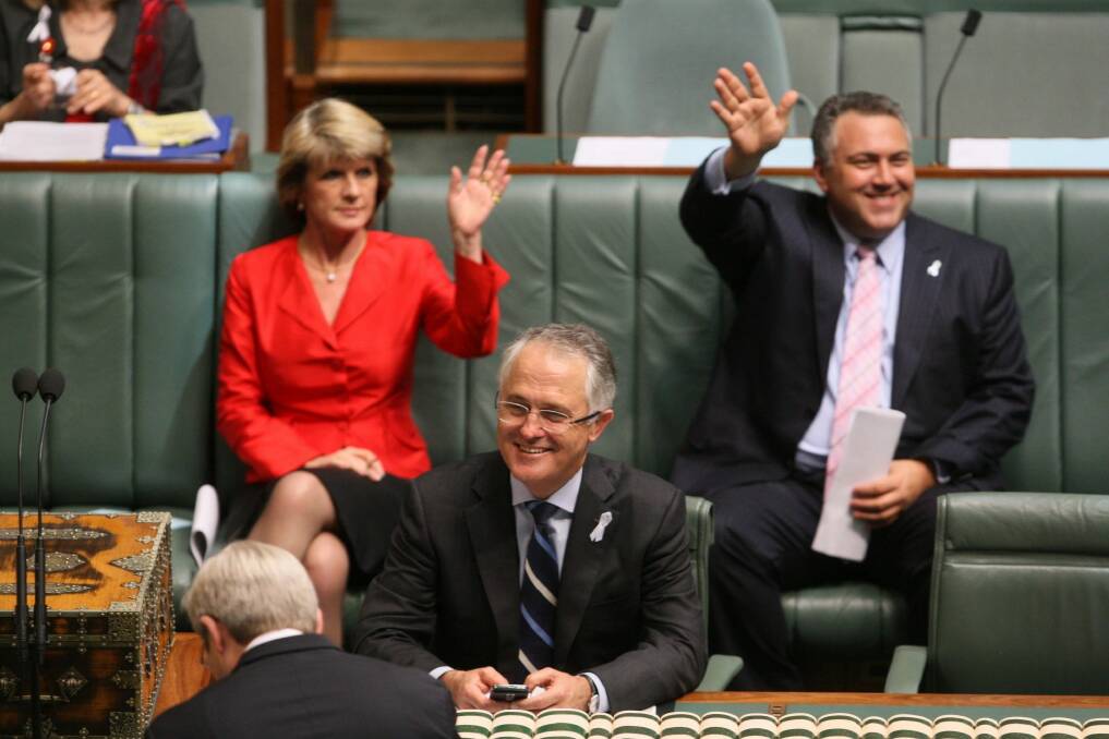Malcolm Turnbull as opposition leader in 2009, with then deputy opposition leader Julie Bishop and shadow treasurer joe Hockey behind him.  Photo: Andrew Meares ASM